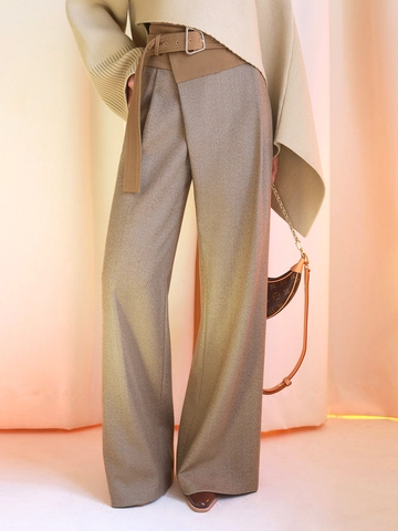 Damen Hohe Taille Weite Hose Asymmetrisches Patchwork Mit Gürtel Büro Hose Khaki Beige Chic Designer Lässige Hosen