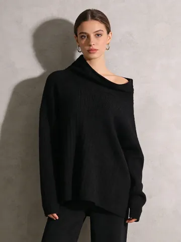Maglione da Donna in Maglia a Spalle Scoperte Scollo a Barca Irregolare Pullover a Costine Largo Manica Lunga Tinta Unita