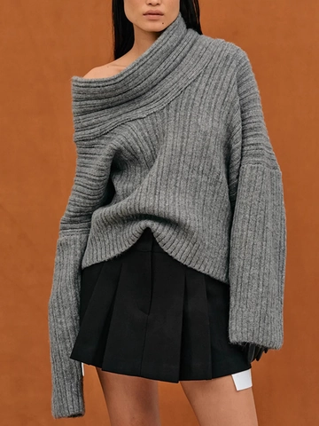 Maglione da Donna in Maglia a Spalle Scoperte Scollo a Barca Irregolare Pullover a Costine Largo Manica Lunga Tinta Unita