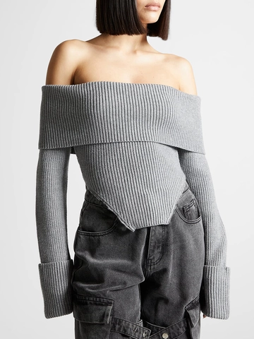 Women's Elegant Off-The-Shoulder Rib-Knit Sweater Slim Fit Long Sleeve Pointed Hem Plain Spring Knitwear Pullover Top