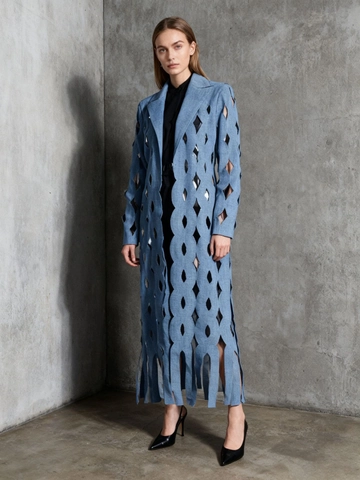 Damen Mode Hohl Jeans Trenchcoat Langarm Geometrisch Laserschnitt Quaste Jacke Street Style Blau Langer Mantel