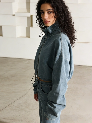 Veste en Jean Délavée Courte pour Femme Style Utilitaire Coupe Ample Col Montant Ourlet à Cordon Fermeture Éclair Streetwear Printemps Automne