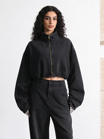 Veste en Jean Délavée Courte pour Femme Style Utilitaire Coupe Ample Col Montant Ourlet à Cordon Fermeture Éclair Streetwear Printemps Automne
