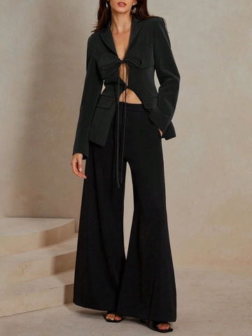 Women Sexy V-Neck Cut-Out Blazer Jacket Solid Color Patchwork Long Sleeve Slim Fit Modern Lace-Up Suit Top For Party