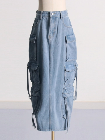 Falda Midi de Mezclilla Lavada Cargo de Cintura Alta para Mujer Vintage Multi Bolsillo Adelgazante Casual Línea A Falda de Mezclilla Larga