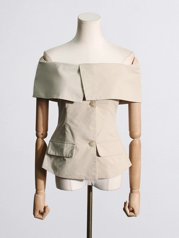 Damen Eleganter Schulterfreies Khaki Oberteil Slim Fit Korsett Stil Schößchen Bluse Mit Knöpfen Taschen Casual Fashion Shirt