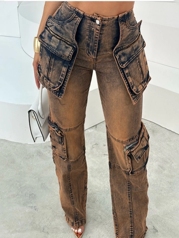 Pantaloni Cargo da Donna Retrò Lavaggio Acido Multi Tasche Vita Alta Gamba Dritta Jeans Streetwear Pantaloni in Denim Lavati