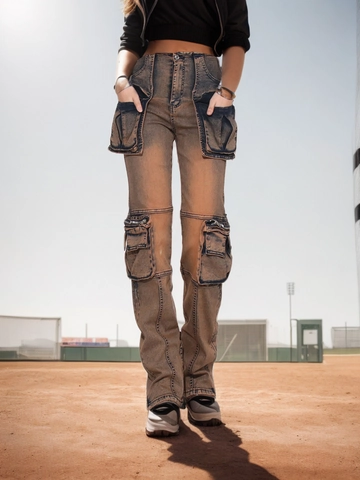 Pantaloni Cargo da Donna Retrò Lavaggio Acido Multi Tasche Vita Alta Gamba Dritta Jeans Streetwear Pantaloni in Denim Lavati