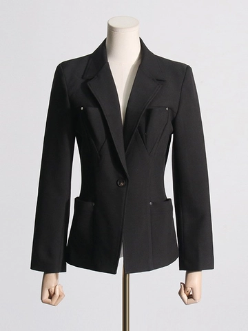 Women Elegant V Neck Long Sleeve Blazer Jacket Slim Standard Fit Solid Color Office Casual Suit Top With Pockets Rivets