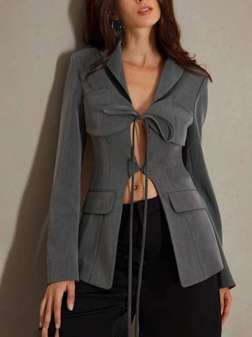 Women Sexy V-Neck Cut-Out Blazer Jacket Solid Color Patchwork Long Sleeve Slim Fit Modern Lace-Up Suit Top For Party