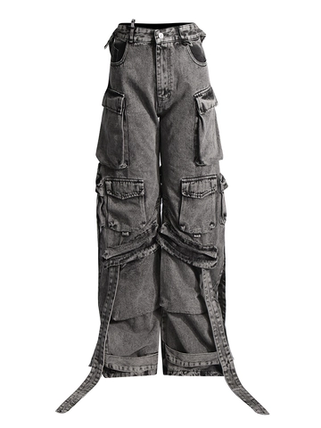 Jeans Cargo Donna Vita Alta in Denim con Tasche Multiple Design a Rubano Intaglio Gamba Larga Dritta Grigio Lavato Pantaloni Streetwear