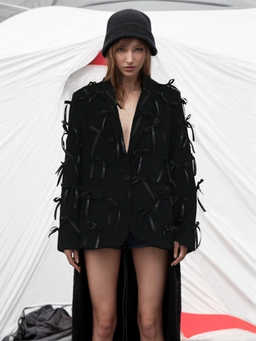 Damen Fashion V-Ausschnitt Langarm Blazer Mit 3D Satin Schleife Patchwork Design Locker Anzugjacke Für Party Streetwear Top
