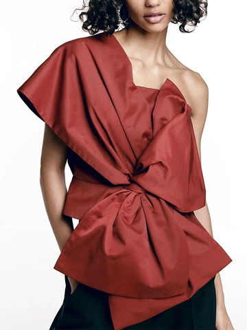 Elegant One Shoulder Asymmetric Large Bow Top For Women Polyester Solid Color Slim Fit Party Blouse Evening Wear