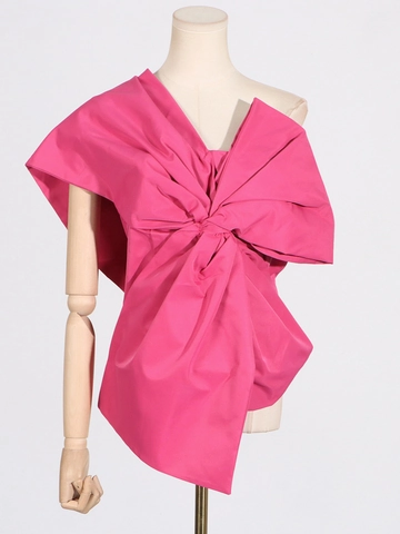 Elegant One Shoulder Asymmetric Large Bow Top For Women Polyester Solid Color Slim Fit Party Blouse Evening Wear