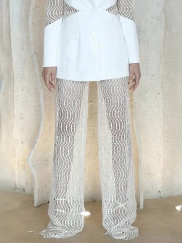 Women Sexy White Mesh Wave Design Wide Leg Pants Sheer High Waist See Through Long Casual Trousers For Party Summer Club