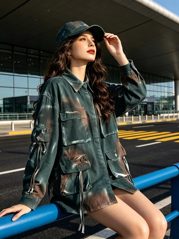 Damen Vintage Cargo Denimjacke Mehrere Taschen Batik Dunkelgrün Locker Distressed Langarm Workwear Jacke Streetwear