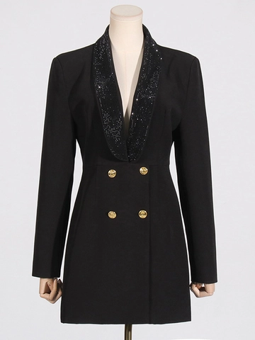Dames Elegante V-Hals Blazer Jurk Zwaar Kralenwerk Strass Revers Rugloos Double Breasted Gouden Knopen Slim Fit Party Jurk