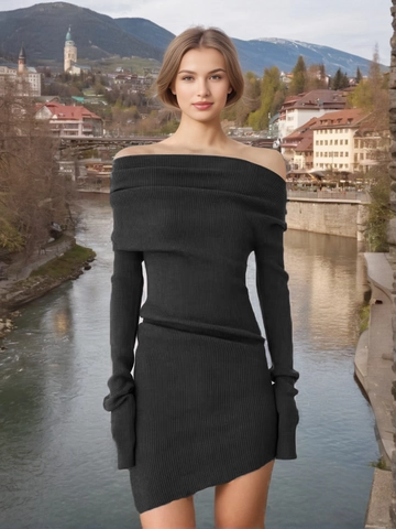 Abito Mini in Maglia a Coste Asimmetrico con Spalle Scoperte per Donna Slim Fit Manica Lunga Tinta Unita Caffè Elegante