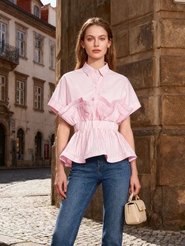 Blusa Peplum Vintage Francesa para Mujer Elegante Camisa de Manga Corta con Volantes en la Cintura y Solapa Color Sólido Ajuste Estrecho
