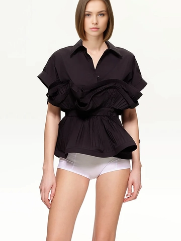 Blusa Peplum Vintage Francesa para Mujer Elegante Camisa de Manga Corta con Volantes en la Cintura y Solapa Color Sólido Ajuste Estrecho