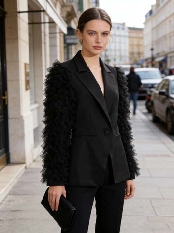 Blazer Elegante para Mujer con Mangas de Malla con Volantes Moda Color Sólido Botón Único Chaqueta de Solapa para Oficina Fiesta