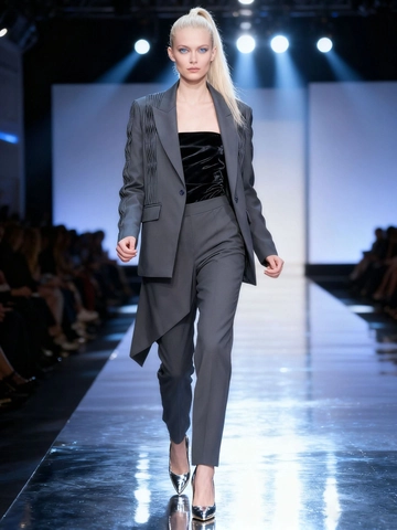 Elegant Grey Women Pleated Blazer Jacket Slim Fit Long Sleeve Professional Commute V-Neck Single Button Office Outwear