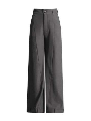 Women High Waisted Wide Leg Trousers Casual Straight Leg Office Pants Solid Color Polyester Spandex Cuffed Hem Fashion