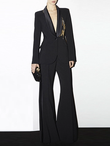 Elegante Dames Blazer Set met Kralen Bladborduurwerk en Uitlopende Broek met Hoge Taille Set Lange Mouwen Formeel Banket