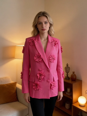 Dames Fashion Magenta Blazer Met 3D Bloem Applicatie Patchwork Double Breasted Revers Slim Fit Streetwear Kostuumjas