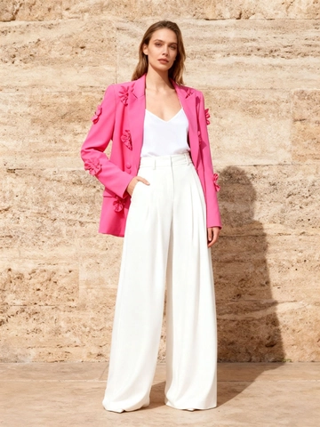 Dames Fashion Magenta Blazer Met 3D Bloem Applicatie Patchwork Double Breasted Revers Slim Fit Streetwear Kostuumjas