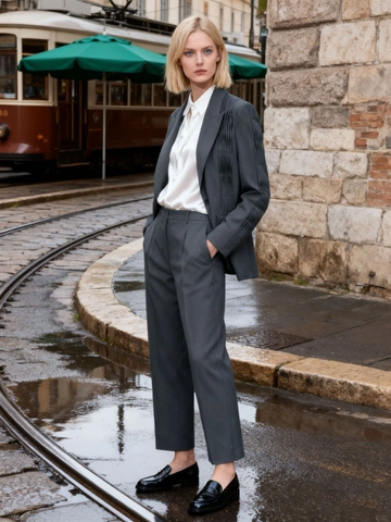 Elegant Grey Women Pleated Blazer Jacket Slim Fit Long Sleeve Professional Commute V-Neck Single Button Office Outwear