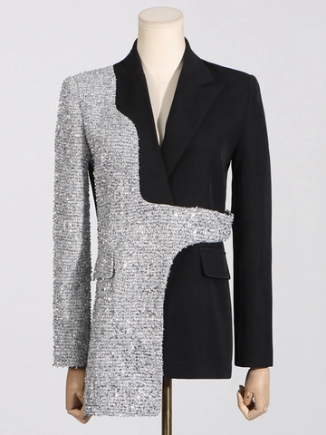 Chaqueta Blazer de Lentejuelas Empalmadas para Mujer Ajuste Delgado Asimétrico Bloque de Color Manga Larga Elegante Abrigo de Fiesta Formal