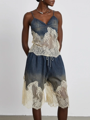 Dames Denim Kant Patchwork Camisole Top En Brede Pijpen Trekkoord Korte Broek Casual Vintage Outfits Kleding Set