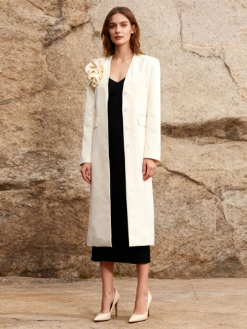 Eleganter Damen Satin Trenchcoat Mit 3D Blumendekoration V Ausschnitt Einreihig Langarm Mittellang Oberbekleidung Jacke