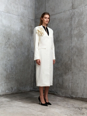 Eleganter Damen Satin Trenchcoat Mit 3D Blumendekoration V Ausschnitt Einreihig Langarm Mittellang Oberbekleidung Jacke