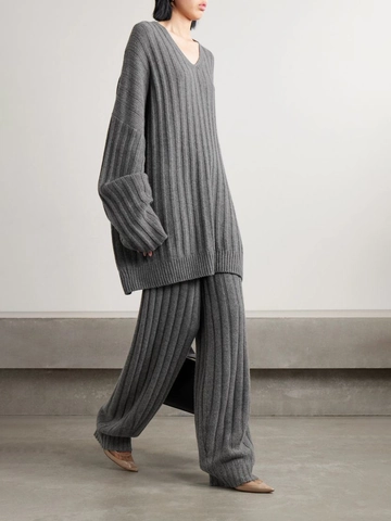 Women Casual Ribbed Knitted Sweater Set V Neck Long Sleeve Loose Top And Wide Leg Pants Loungewear Solid Color Tracksuit