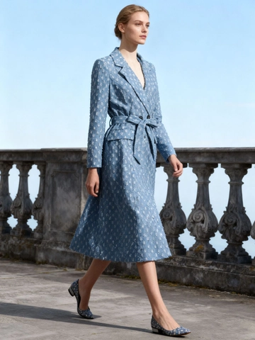 Dames Pailletten Denim Trenchcoat Elegant Lange Mouw Lichtblauw Slim Fit Jas Met Riem Double-breasted Formele Feestjas