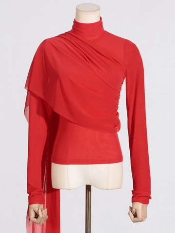Camiseta de Patchwork de Malla Ajustada para Mujer Cuello Alto Manga Larga con Cintas Elegante Color Sólido Moda Casual