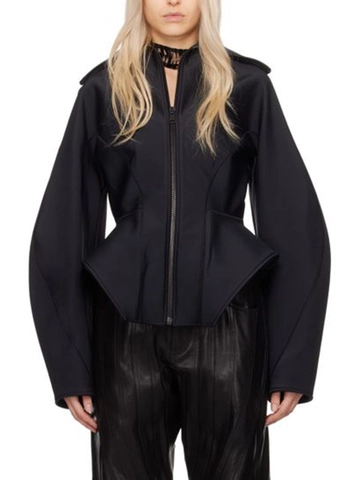 Dames Gestructureerd Peplum Jack Lantaarnmouwen Slim Fit Rits Scuba Jas Avant-Garde Architecturale Korte Bovenkleding