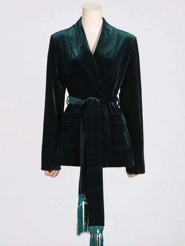 Chaqueta Americana de Terciopelo Lujosa para Mujer Con Cinturón de Borlas Elegante Manga Larga Escote en V Vintage Casual