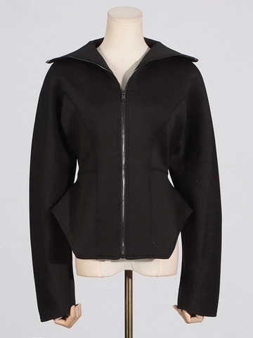 Dames Gestructureerd Peplum Jack Lantaarnmouwen Slim Fit Rits Scuba Jas Avant-Garde Architecturale Korte Bovenkleding