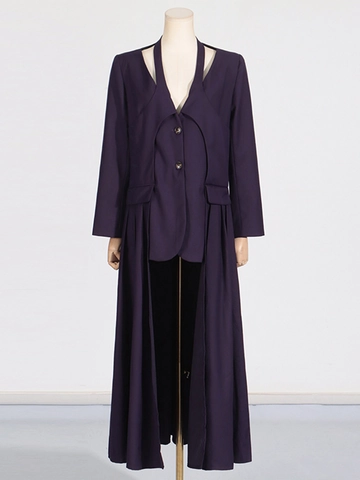 Dames Dieppaarse Gedeconstrueerde Lange Trenchcoat V Hals Cut Out Detail Geplooide Zoom Streetwear Mode Knoppen Lange Mouw Jas