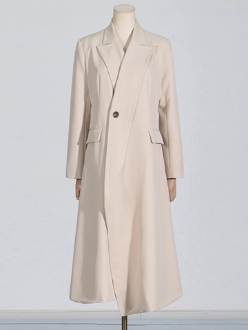 Damen Britischer Stil Beige Langer Grabenmantel Minimalistischer Ein Knopf Revers Oberbekleidung Pendlerjacke Damen