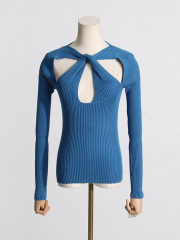 Eleganter Damen Langarm-Rippstrickpullover Sexy Twist Front Ausschnitt Schmale Passform Einfarbiger Polyester-Pullover Lässiges Oberteil