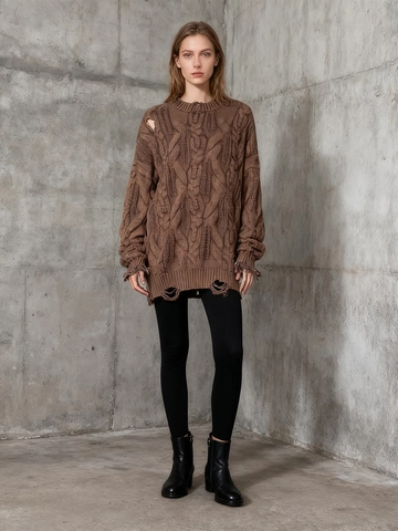 Suéter de Punto de Torsade de Gran Tamaño para Mujer Estilo Desgastado Casual Manga Larga Cuello Redondo Pullover Vintage Roto
