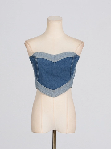 Women Sexy Denim Heart Patchwork Tube Top Strapless Back Zipper Slim Fit Cropped Denim Bustier Corset Y2K Fashion Blue Top