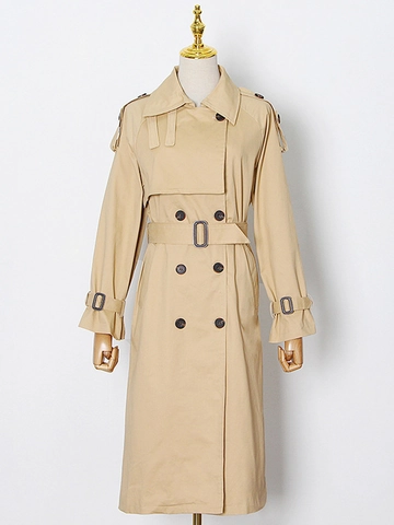 Women Elegant Long Trench Coat Double Breasted Lapel Windbreaker With Belt Long Sleeve Solid Color Spring Autumn Outerwear