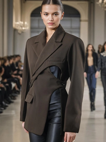 Moderne Dames Asymmetrische Blazer Met Uitsnijding Donkerbruin Vetersluiting Revers Lange Mouw Casual Modejas