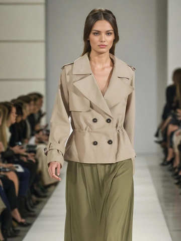 Dames Britse Stijl Double-breasted Korte Trenchcoat Revers Koord Taille Jas Met Epauletten Effen Kleur Bovenkleding