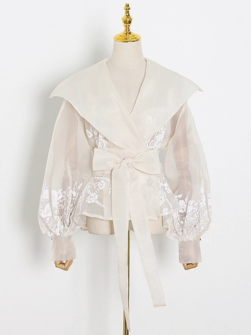 Chemisier Femme Organza Brodé Vintage Français Élégant Col en V Taille à Nouer Manche Lanterne Abricot Chemise en Dentelle Florale